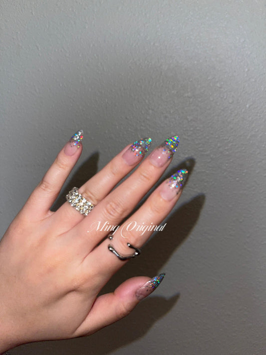 Classic ombre holographic glitter Press on Nails, French Tip, Gradient sequins Jelly Nails, valentine anniversary gift