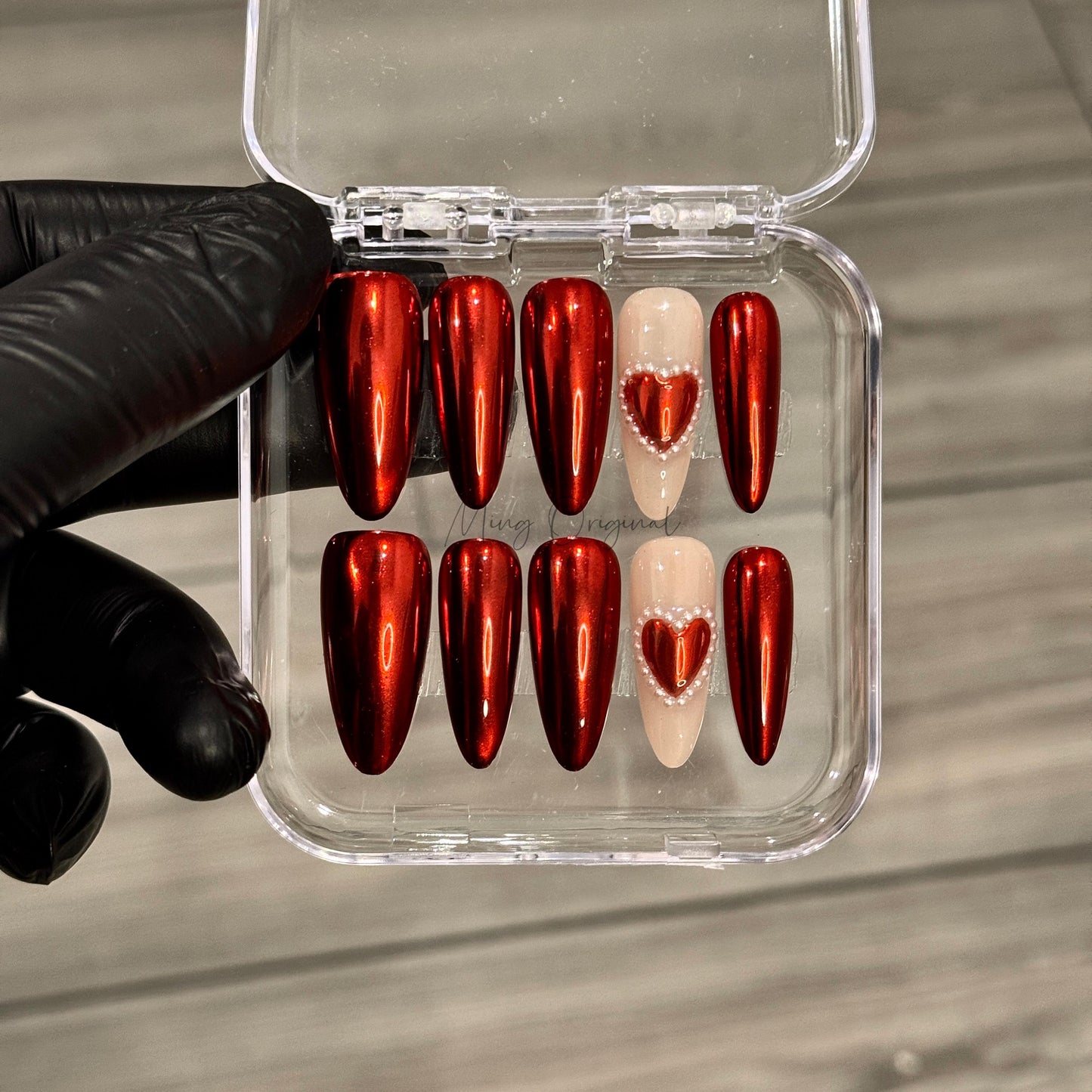 Red chrome pearl heart Press on nails, simple mirror metalic handmade Nails, valentine new year gift for her,MO385