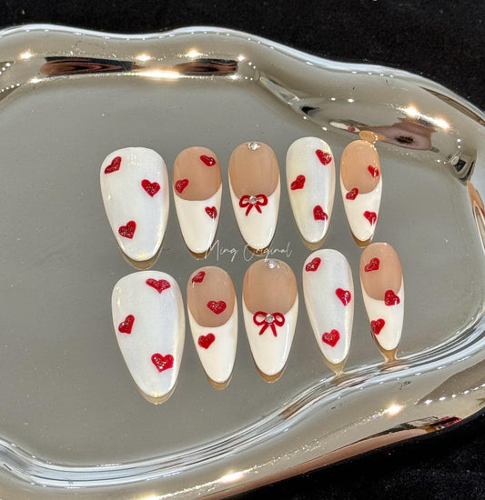 Valentine bow coquette French Tip Nail , handpainted glitter heart press on nails, Gifts for Her