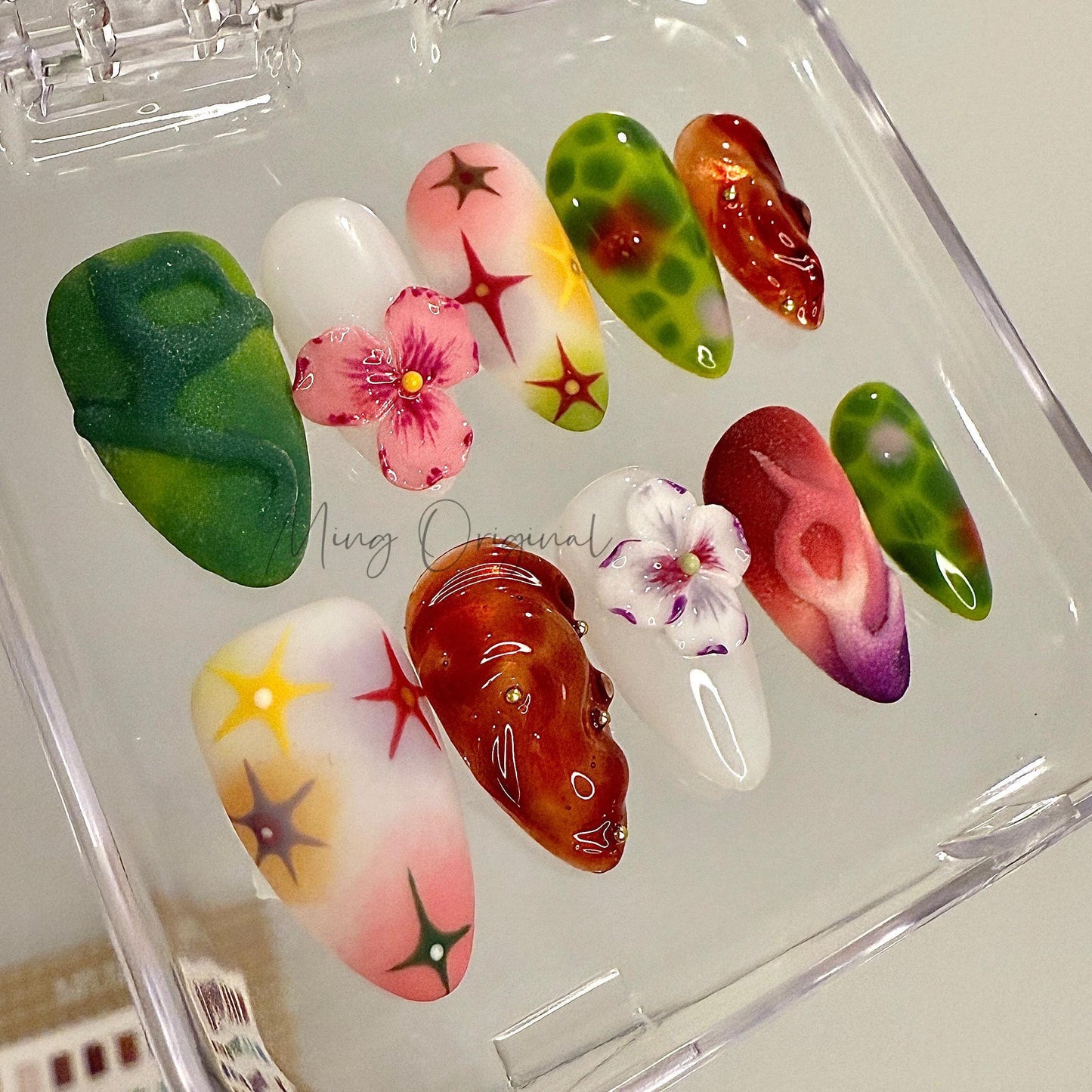 Spring Blossom free style bubbly color Press On Nails,  3D Floral, Jelly Textures, Airbrush Art, Handmade Nail Set, gift for her, MP429