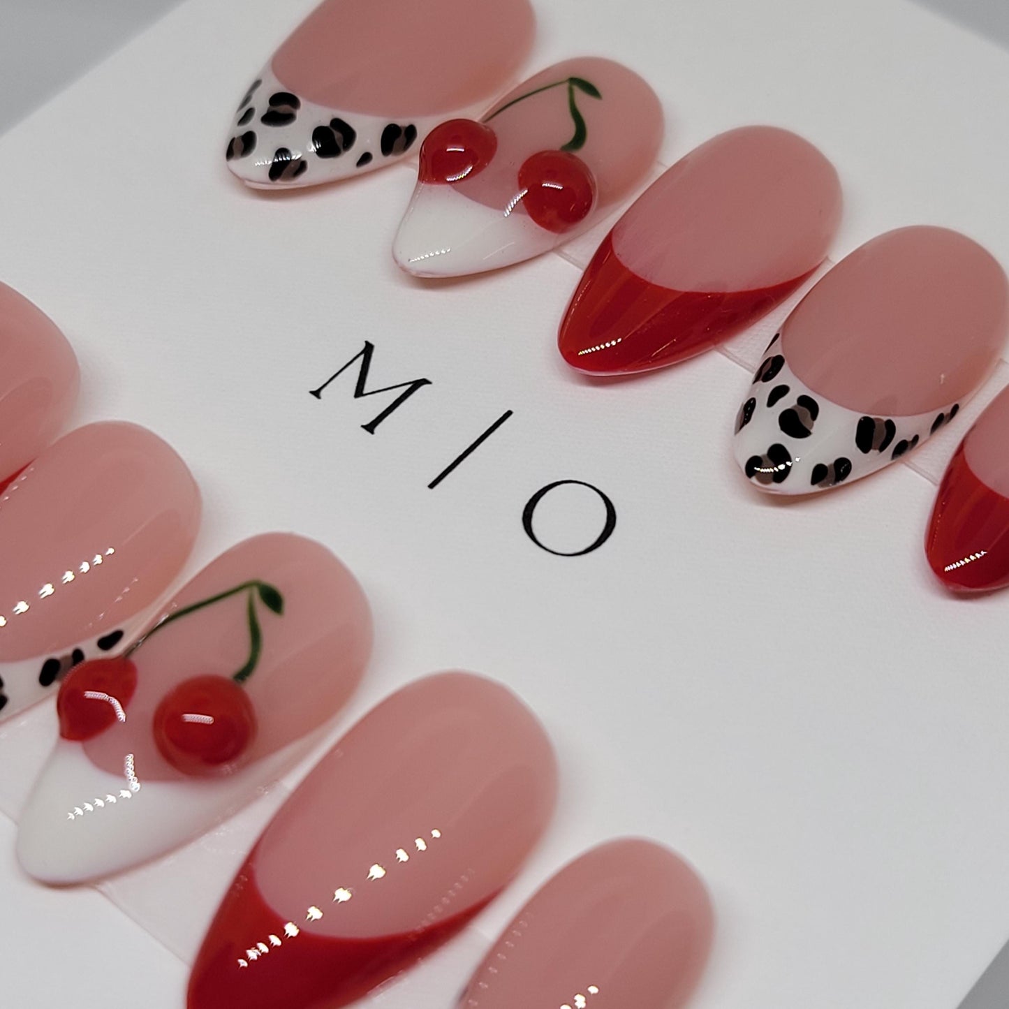 3d red cherry press on nails, leopard prints red french tip nail, Fruit Lover, glue on nail, Christmas Fake Nails, Gifts for Her,MO299