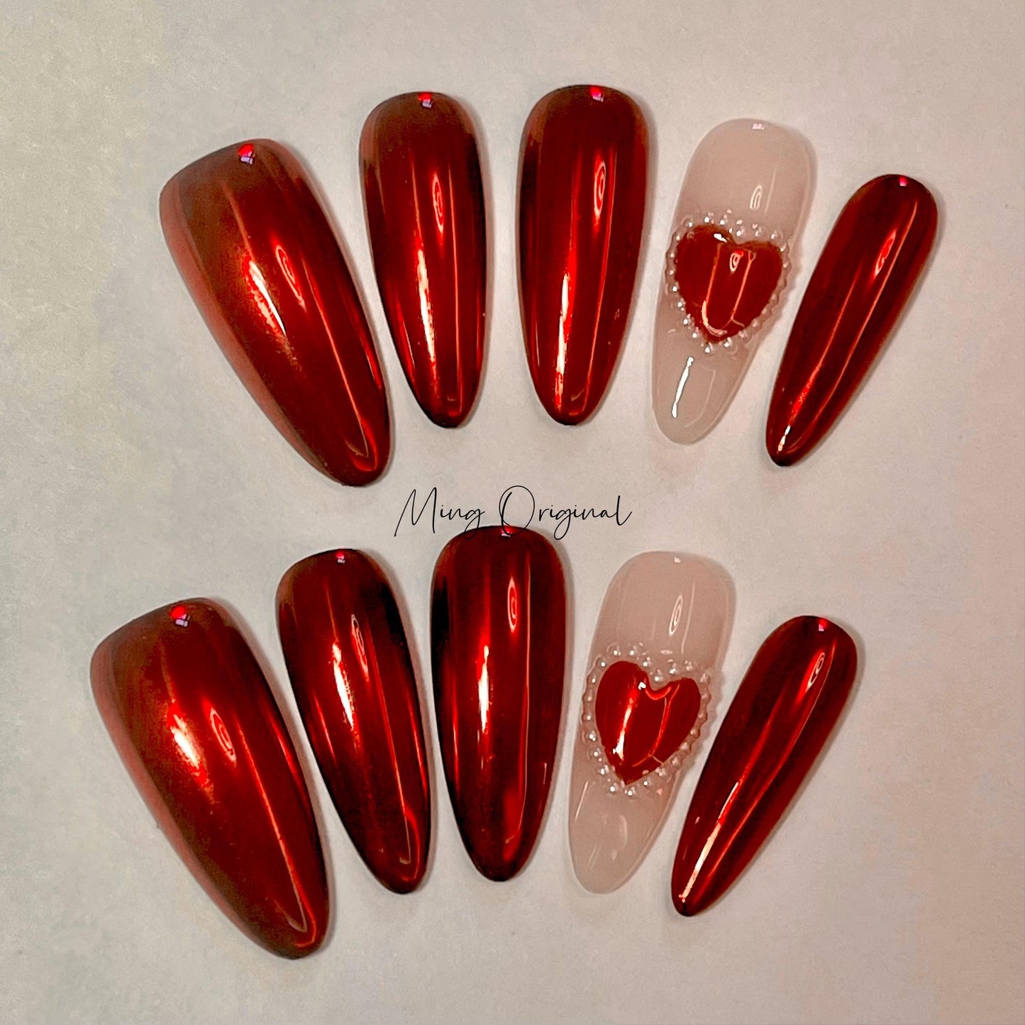Red chrome pearl heart Press on nails, simple mirror metalic handmade Nails, valentine new year gift for her,MO385