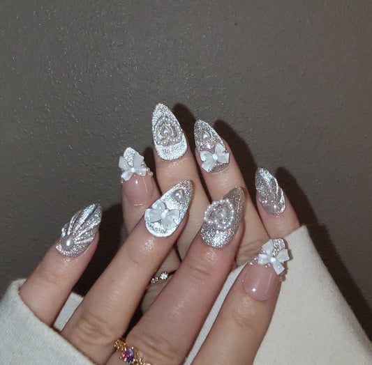 Silver cat eye with bow coquette Press on Nails, French Tip, pearls nail, Jelly Nails, birthday holiday gift for her, MO300