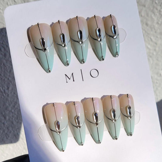 Air brush abstract line with crystal press on nail, AI style nail, French line y2k gothic nail