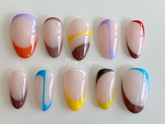Free style abstract line bubbly color press on nails, reuse nails, ,hand painted candy color nail, gift for her