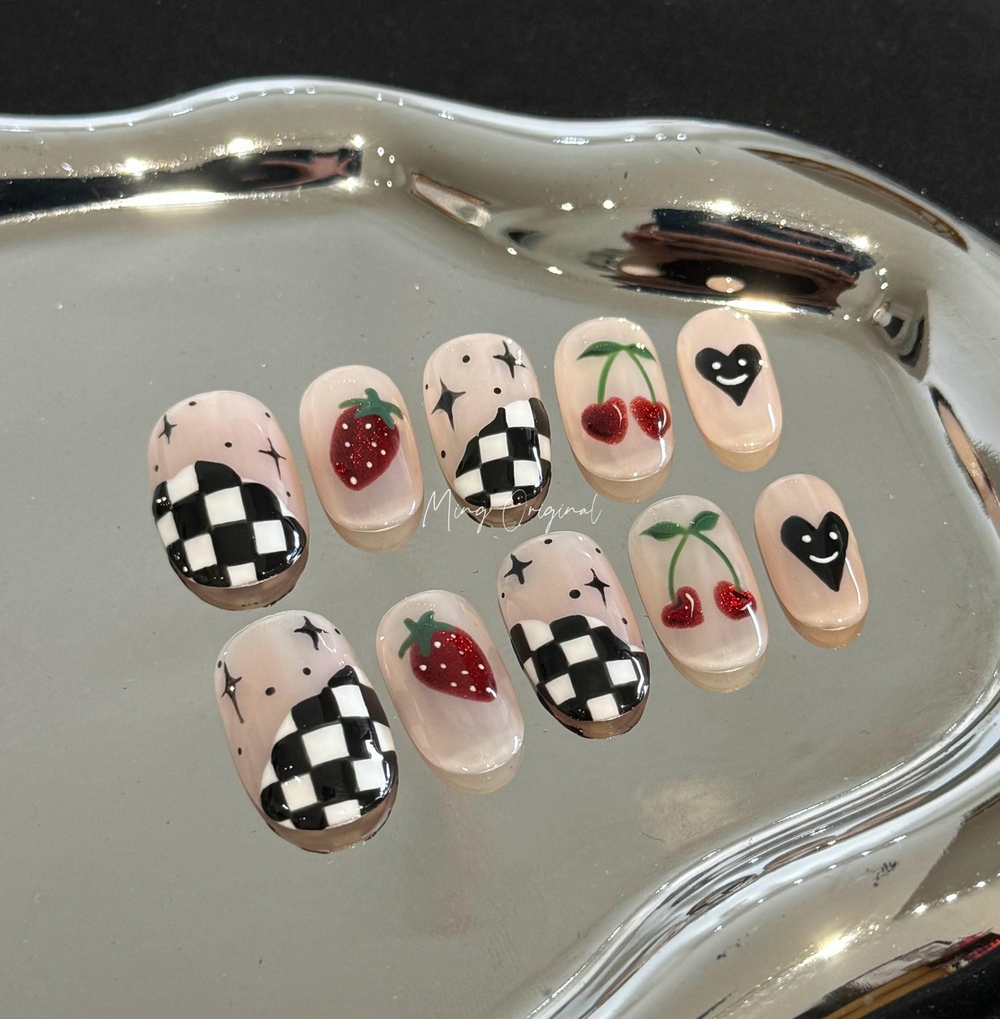 Cute Checkerboard fruit lover Y2K Press on Nails, red cherry and strawberry nail, hand painted Nails, fake nails, gift for her
