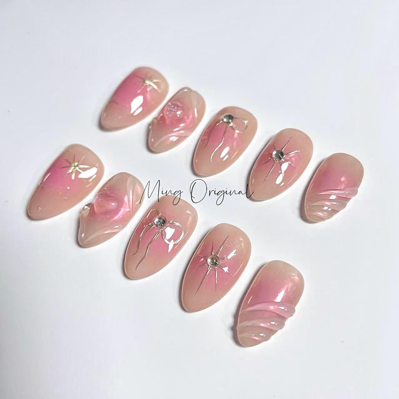 3d blushed pink glittery heart and bow coquette aura chrome Press on Nails, nude ombre free style 3d swirls heart handmade Nails,MO448