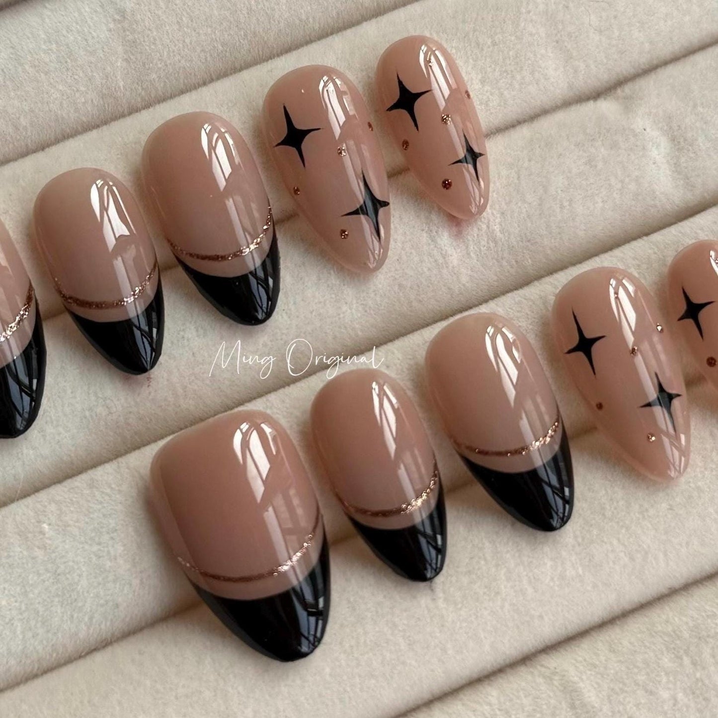 French Tip Collection, black tip and gold abstract line Press on Nails, nude Star everyday nail ,autumn winter nail, gift for her,MO324