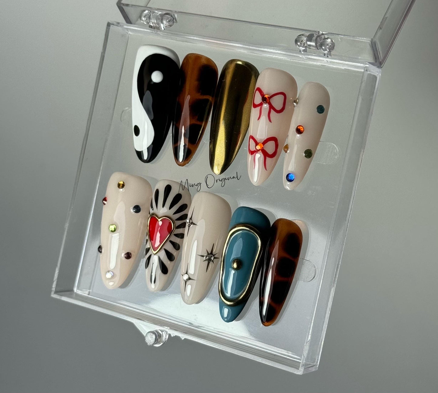 Trendy Mixed Design Press On Nails, Handmade Luxury Nail Set, Tortoise, Yin Yang, Red Heart, Gold Chrome, 3D Bows,birthday gift for he MO391