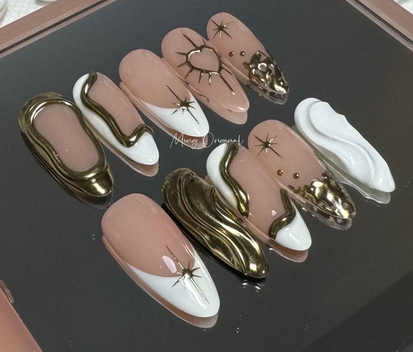 3D white and gold free style press on nails, gold chrome detail nail, heart and Star glue on nail, nude jelly fake nail, gift for her,MO334
