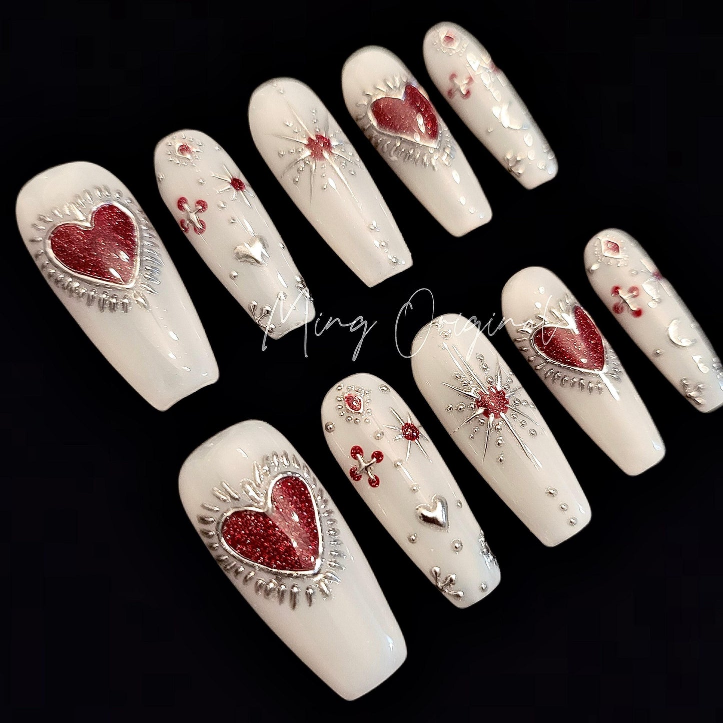 Milky white Silver Glittery heart chrome Press on Nails, hand painted free style heart handmade Nails, vintage style