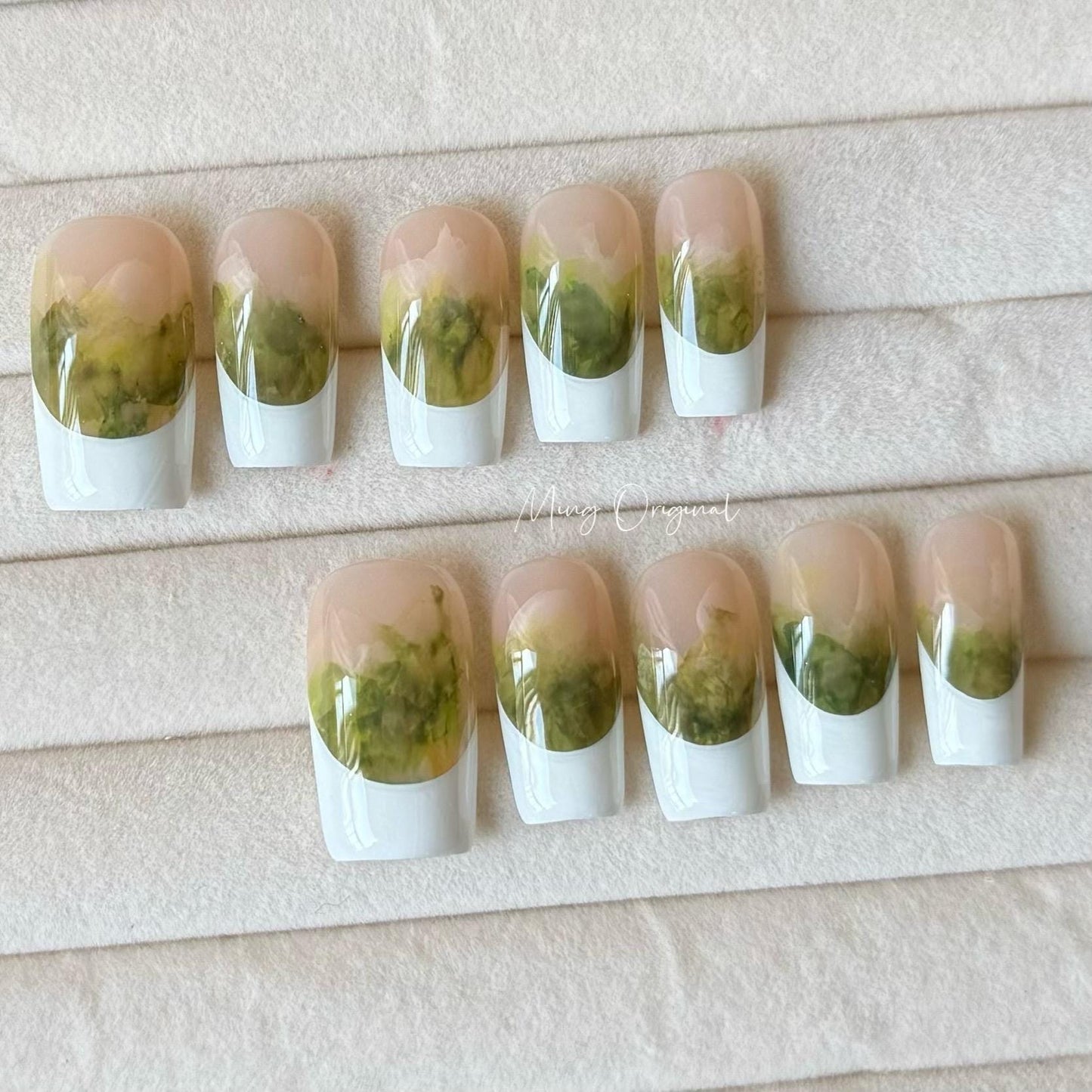 French Tip Collection| white tip with green water color Press on Nail, glue on nail, art nail, birthday gift for her,MO332
