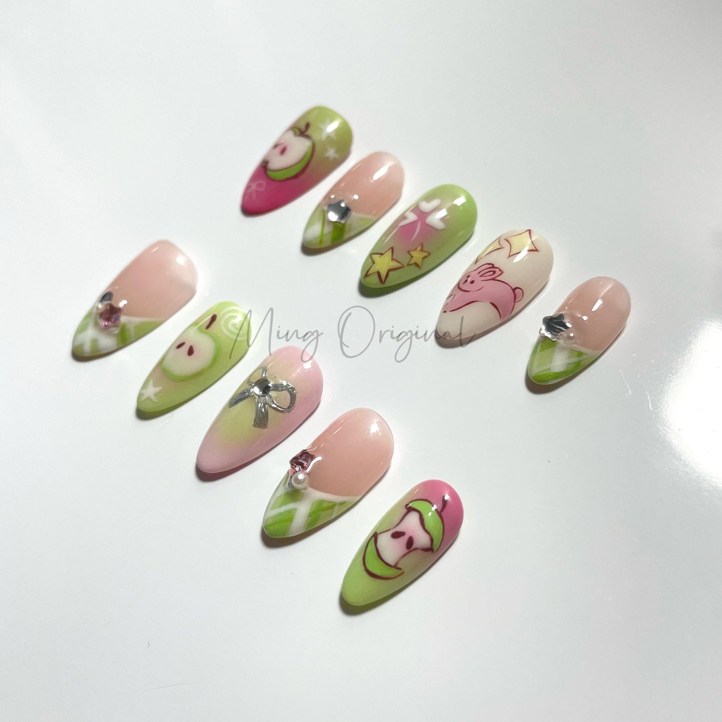 Apple Bunny Picnic Fruit Lover press on nails,Fresh Look Candy Color Gifts for Her, Gingham Accent, Spring Soft Pink and Green Apple, MO358