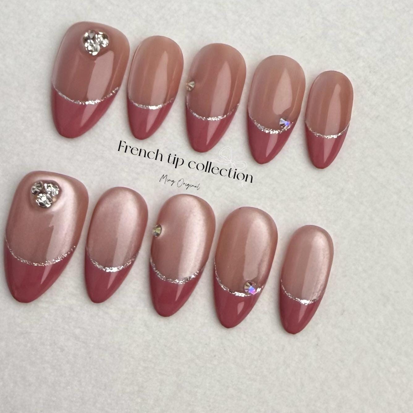 French Tip Collection, hibiscus color hand painted premium Press on Nails, cat eye nail, crystal nail,autumn winter nail, gift for her,MO247