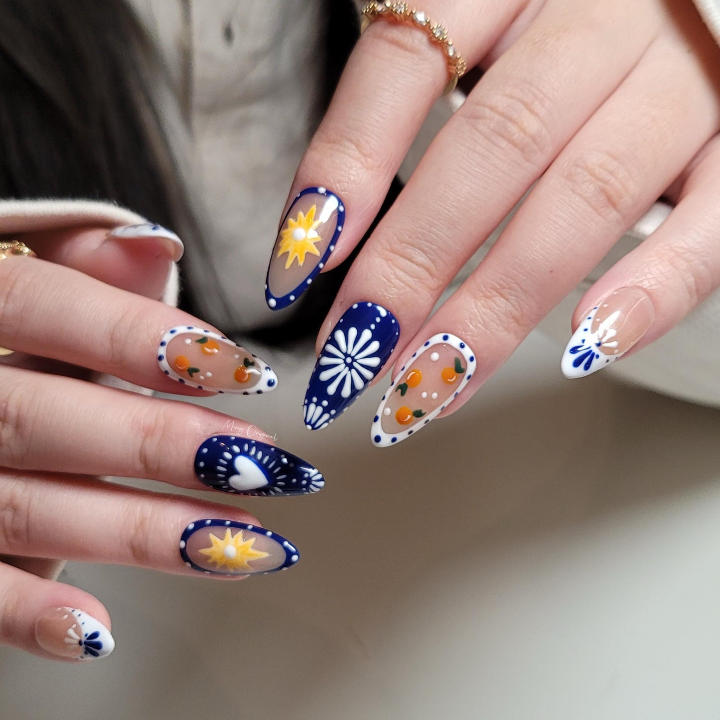 Boho Patch work French Tip Nail , Porcelain Pattern Talavera handpainted press on nails, Heart and orange free style holiday Gifts for Her