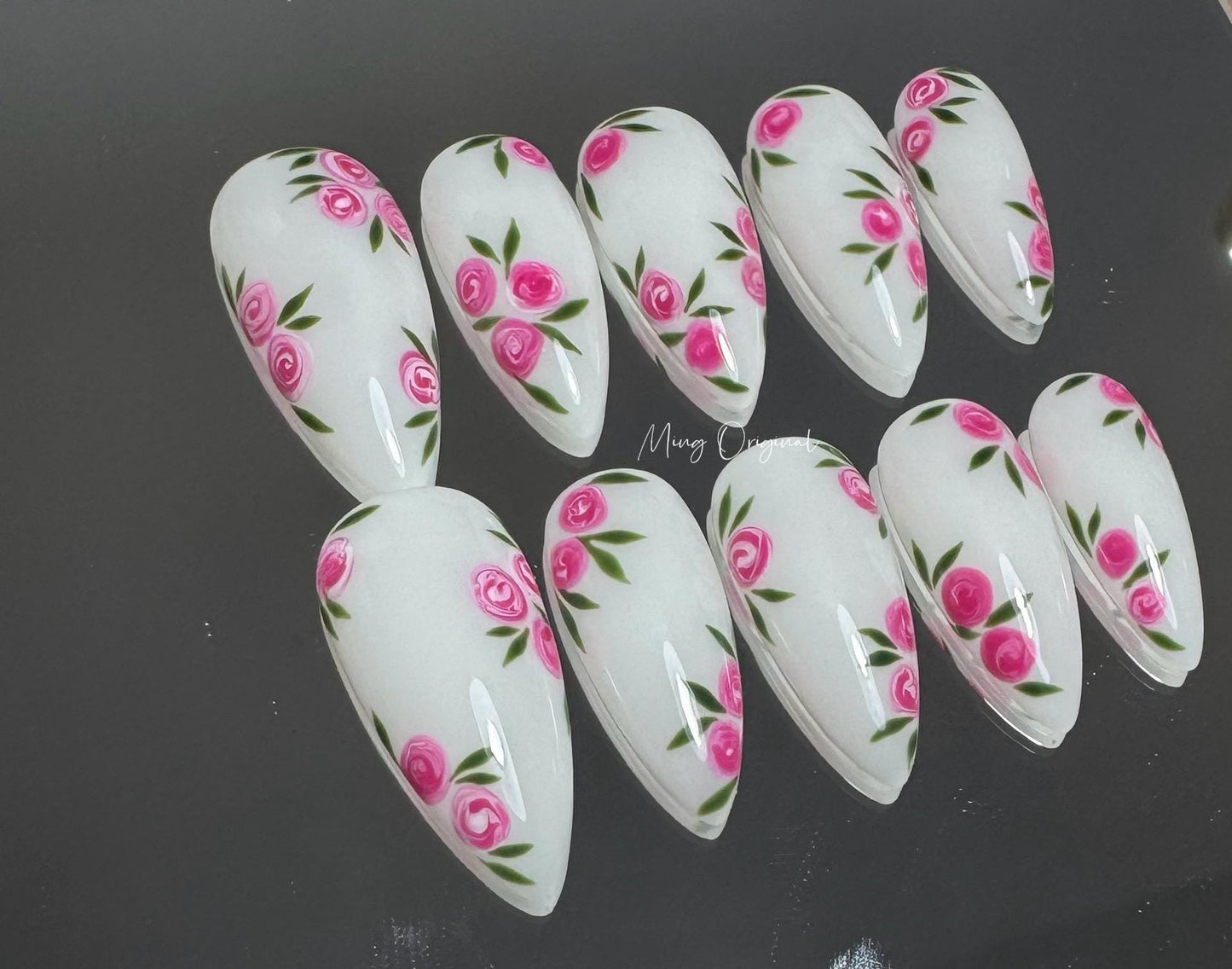 Pink Rose Flower milky white art nail, premium salon Press on Nail, glue on nails, Handmade gel Nails, holiday birthday gift for her MO305
