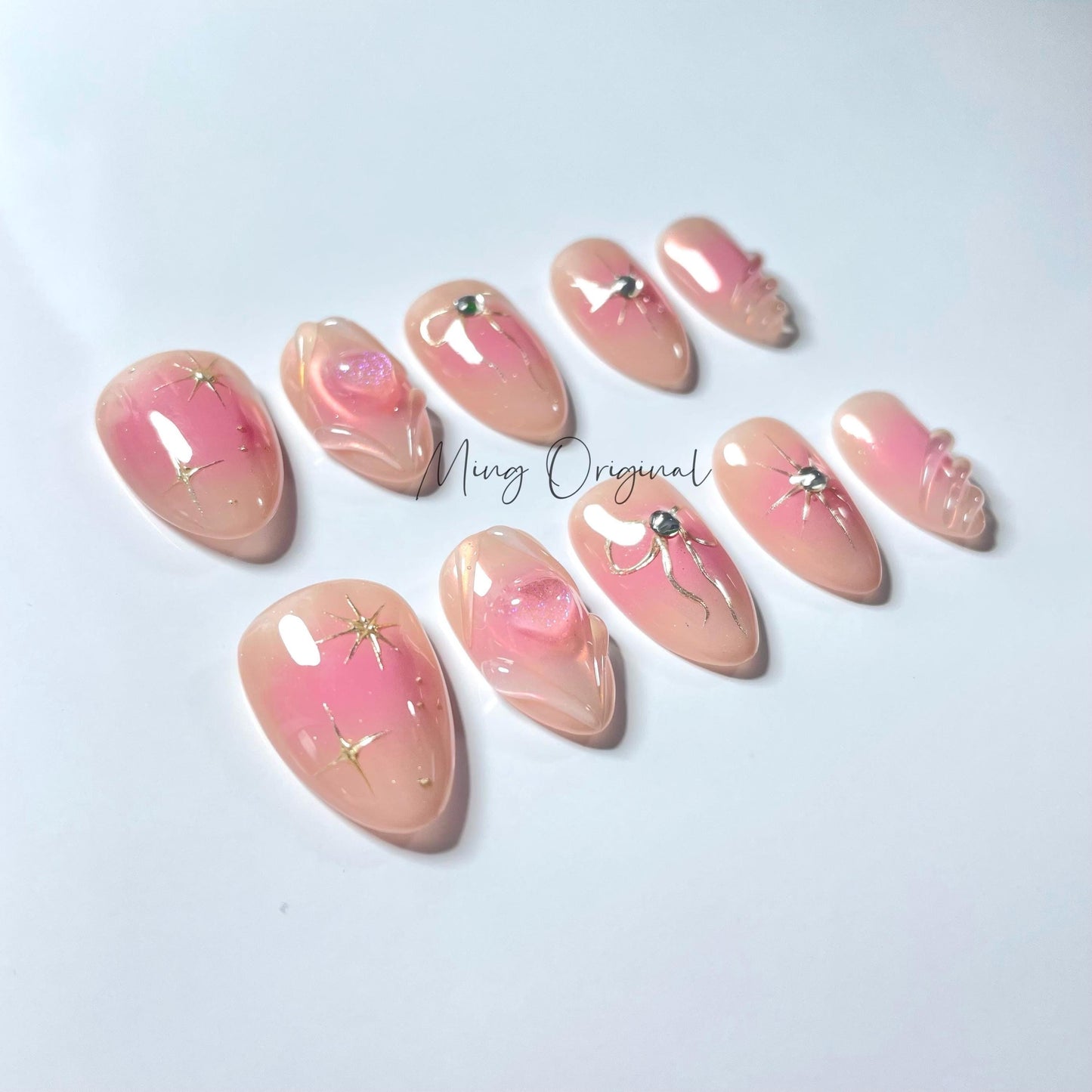 3d blushed pink glittery heart and bow coquette aura chrome Press on Nails, nude ombre free style 3d swirls heart handmade Nails,MO448