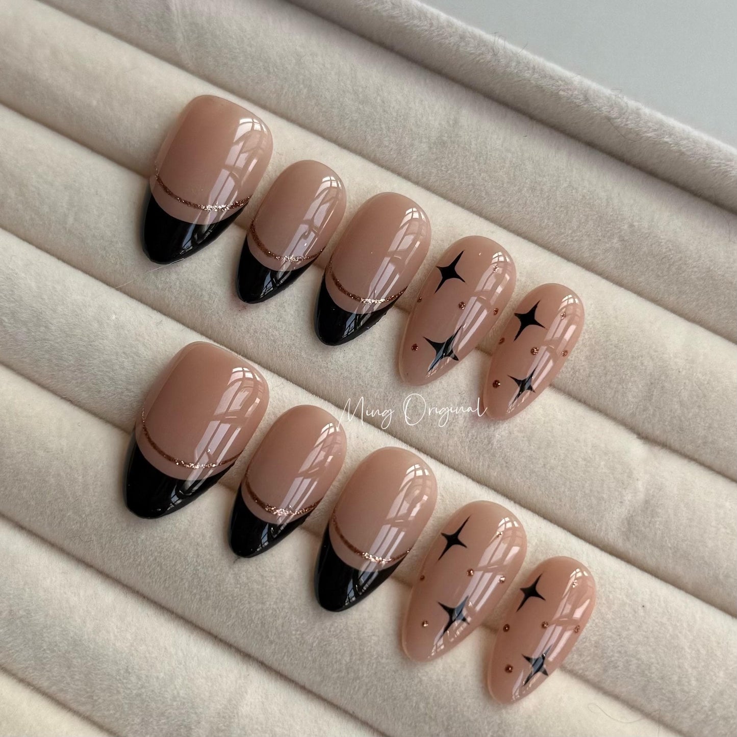 French Tip Collection, black tip and gold abstract line Press on Nails, nude Star everyday nail ,autumn winter nail, gift for her,MO324