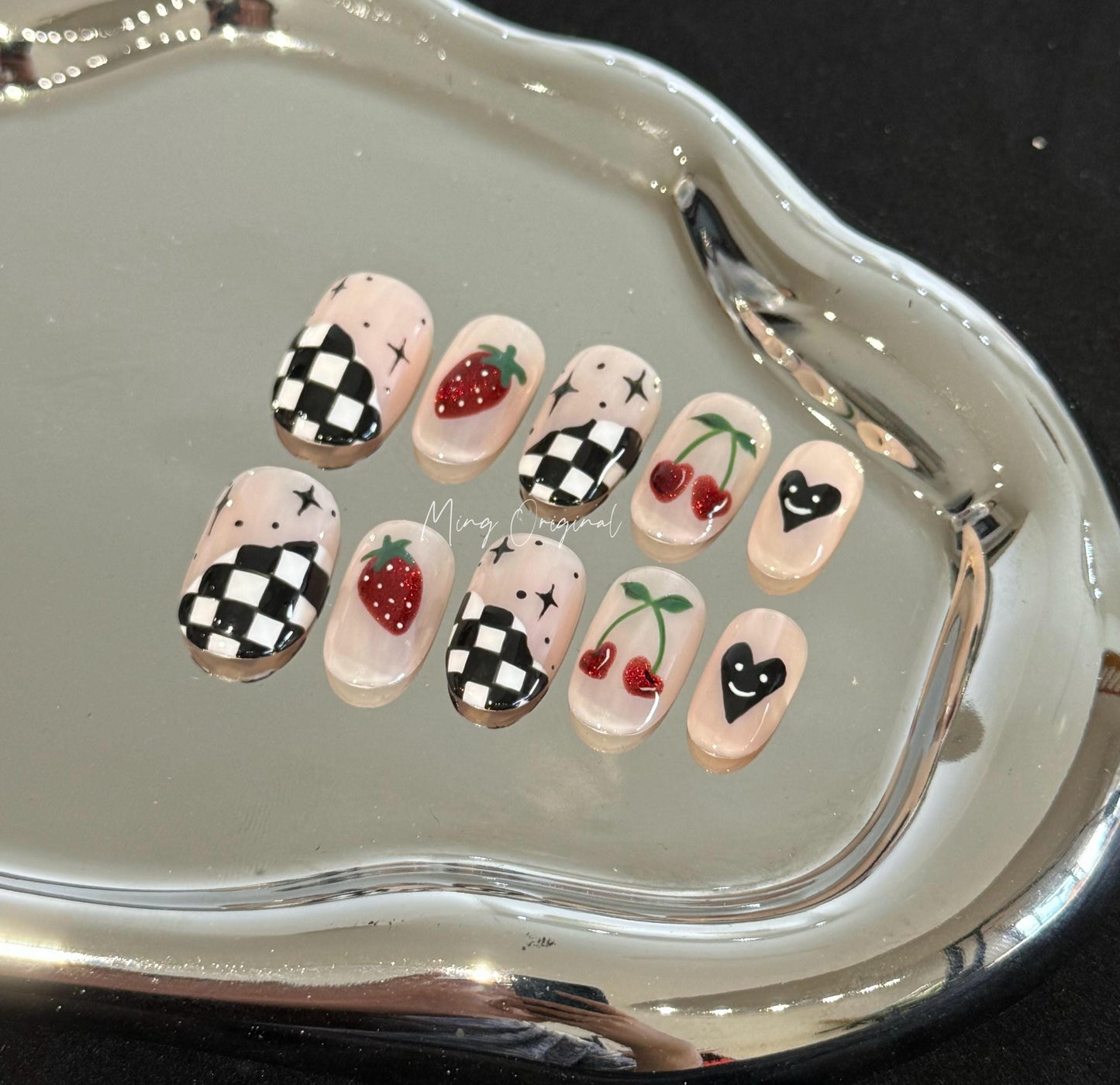 Cute Checkerboard fruit lover Y2K Press on Nails, red cherry and strawberry nail, hand painted Nails, fake nails, gift for her