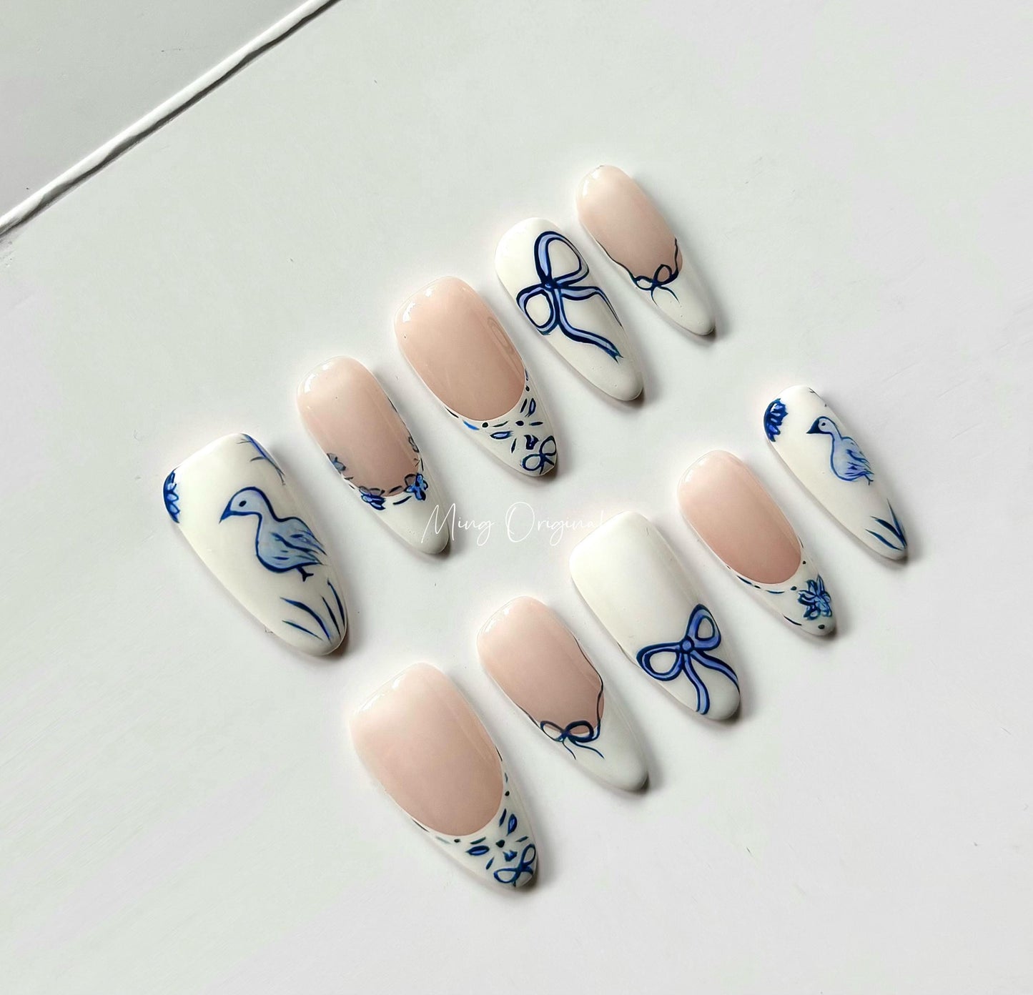 Ceramic porcelain duck cute bow coquette press on nail, white french tip floral nails, glue on nail, wedding birthday gift for her, MO349