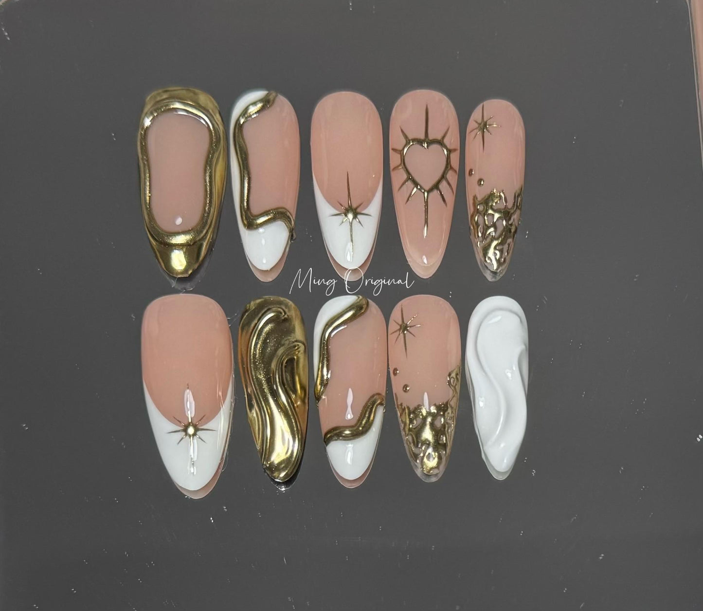 3D white and gold free style press on nails, gold chrome detail nail, heart and Star glue on nail, nude jelly fake nail, gift for her,MO334