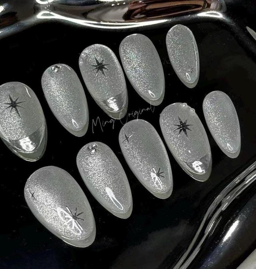 Silver Cat Eye Glittery free style Chrome French Tip Nail press on, Y2K Star Pearl Glittery Jelly Fake nails, Luxury Handmade Nails