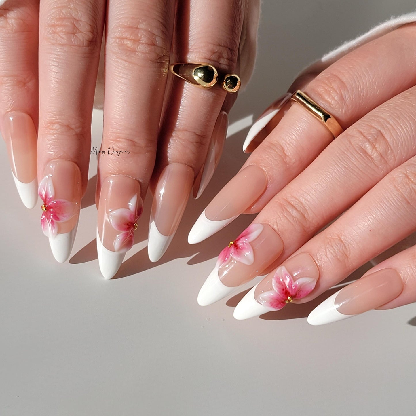 Pink 3d blooming flower press on nails, 3d white jelly flower French tip Nails, nude nails, birthday holiday gift for her MO322