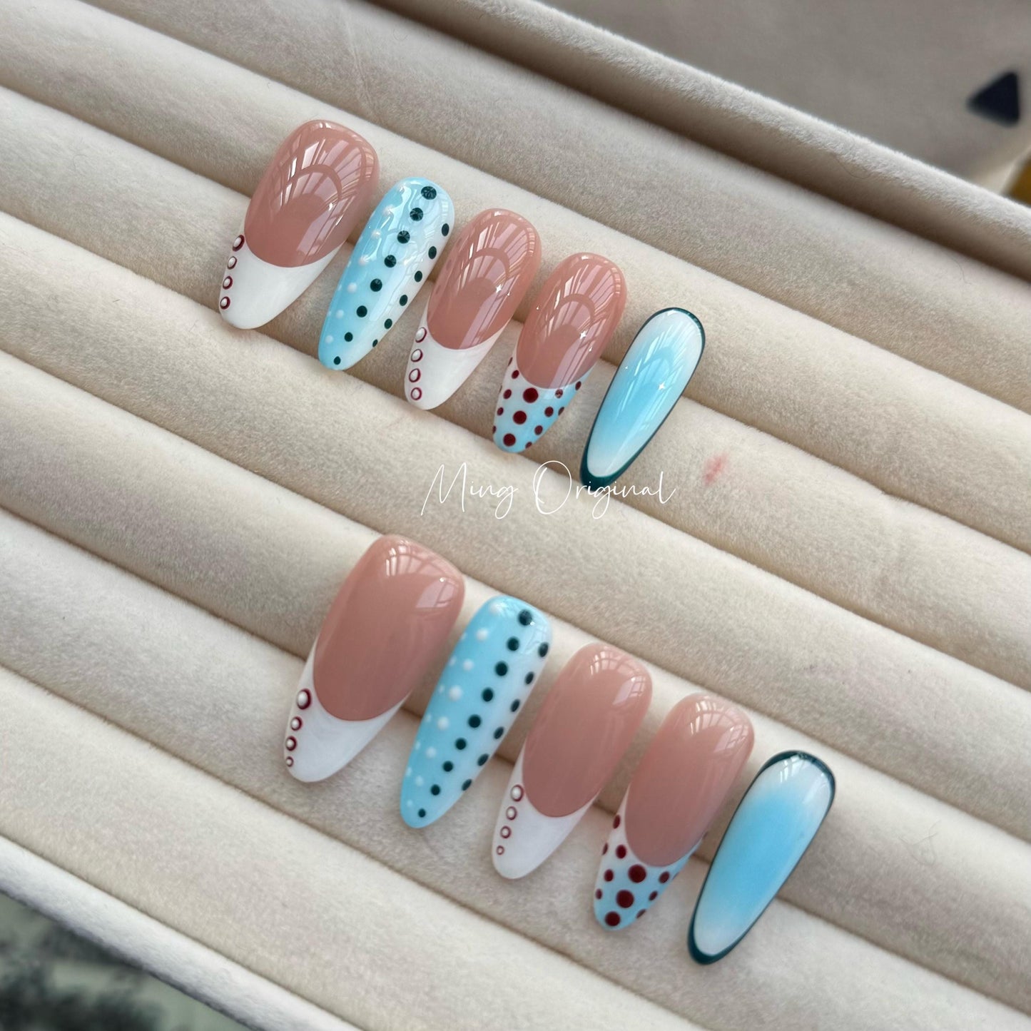 Free style dots ombre blue press on nails, polka dot french tip fake nails, candy color glue on nail, birthday holiday gift for her MO321