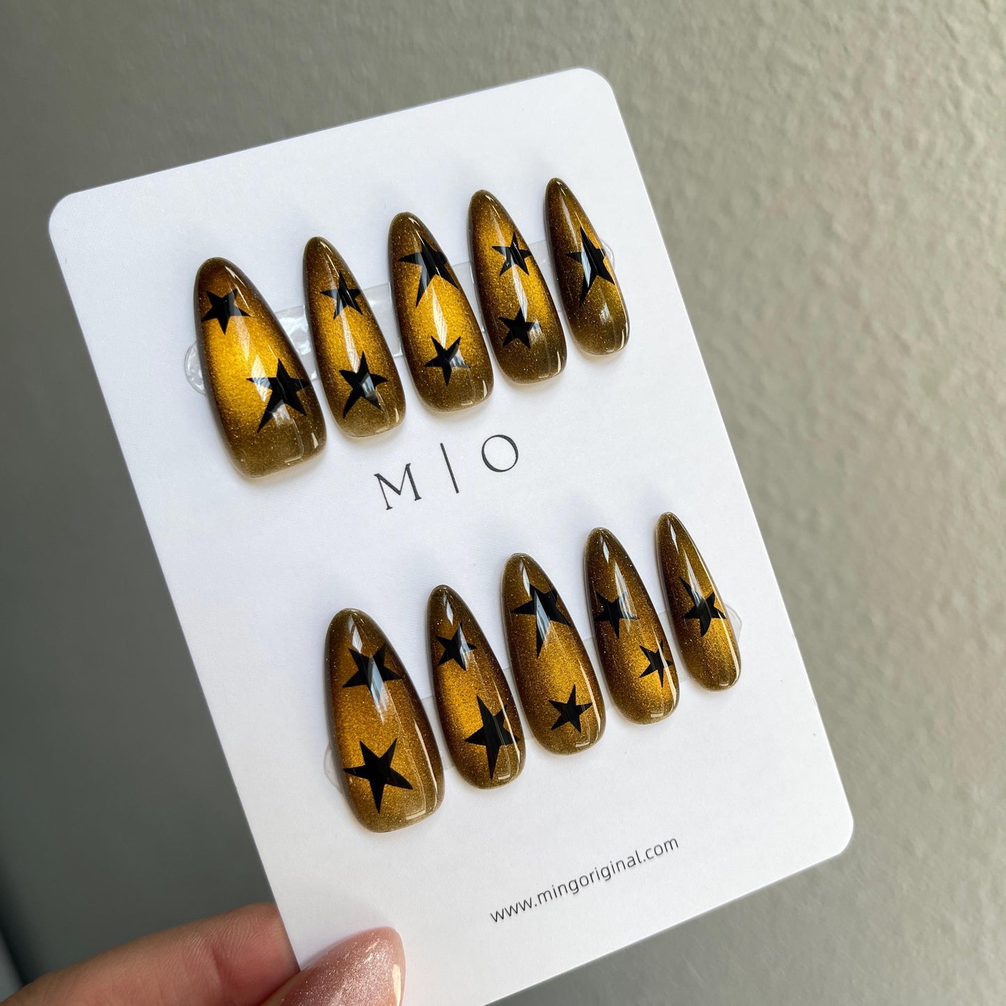 Da Amber Star| glass beads inspired magnetic cat eye press on nails, yellow/golden nails, semitransparent reuse nails, glitter fake nail
