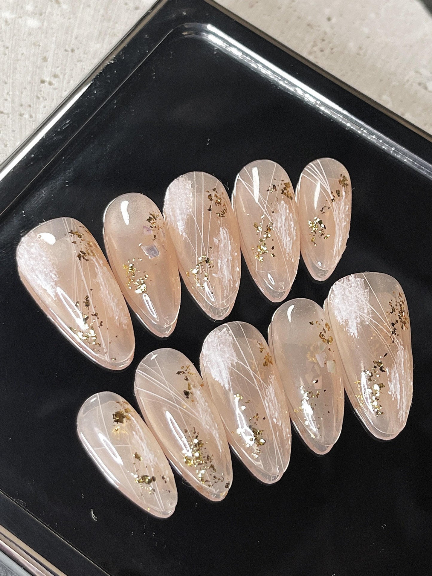 Nude glittery sculptured Press on Nails, gold flakes handmade Art  Nails, Jelly Nails