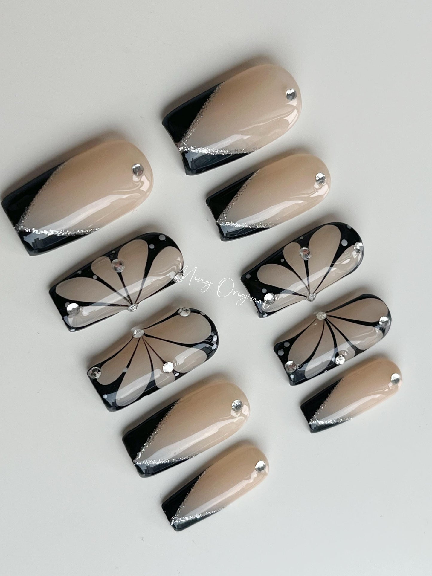 Butterfly wings press on art nail, nude french tip nails, handmade glue on nail, fake nails, holiday birthday gift for her, MO348
