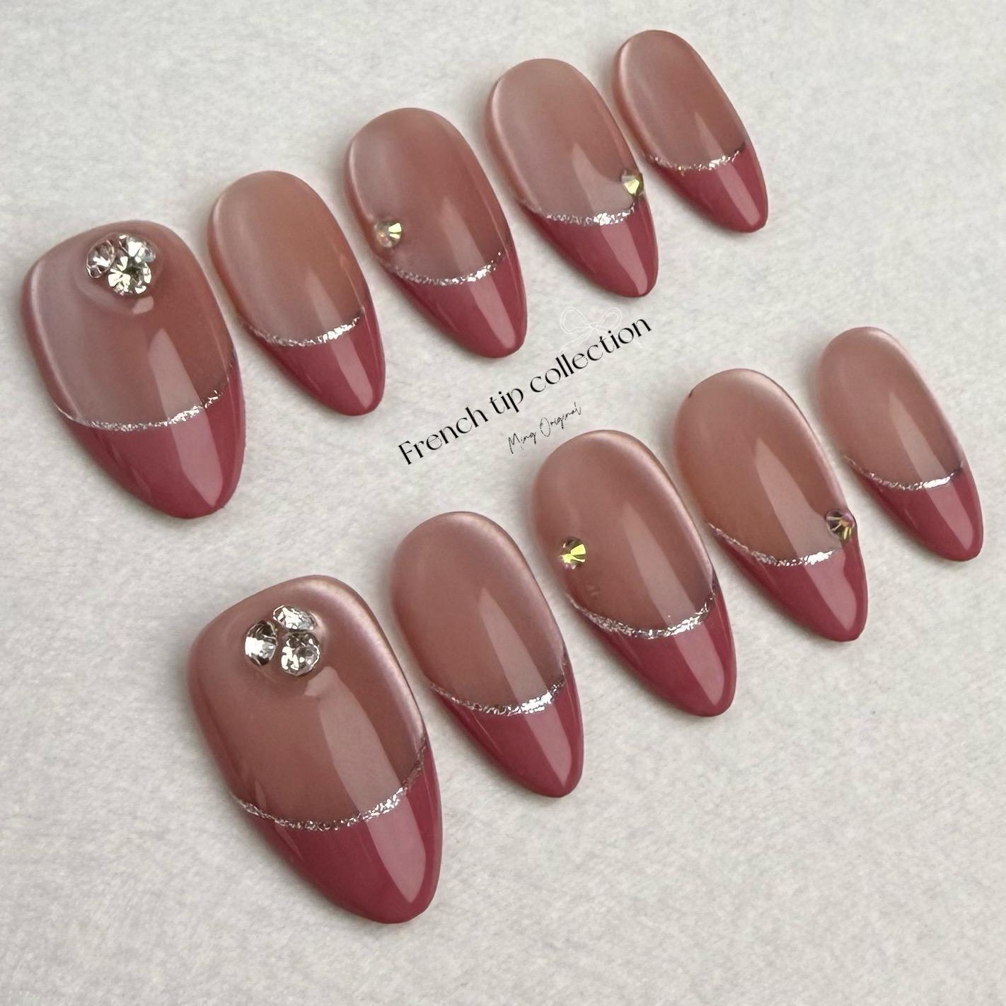 French Tip Collection, hibiscus color hand painted premium Press on Nails, cat eye nail, crystal nail,autumn winter nail, gift for her,MO247