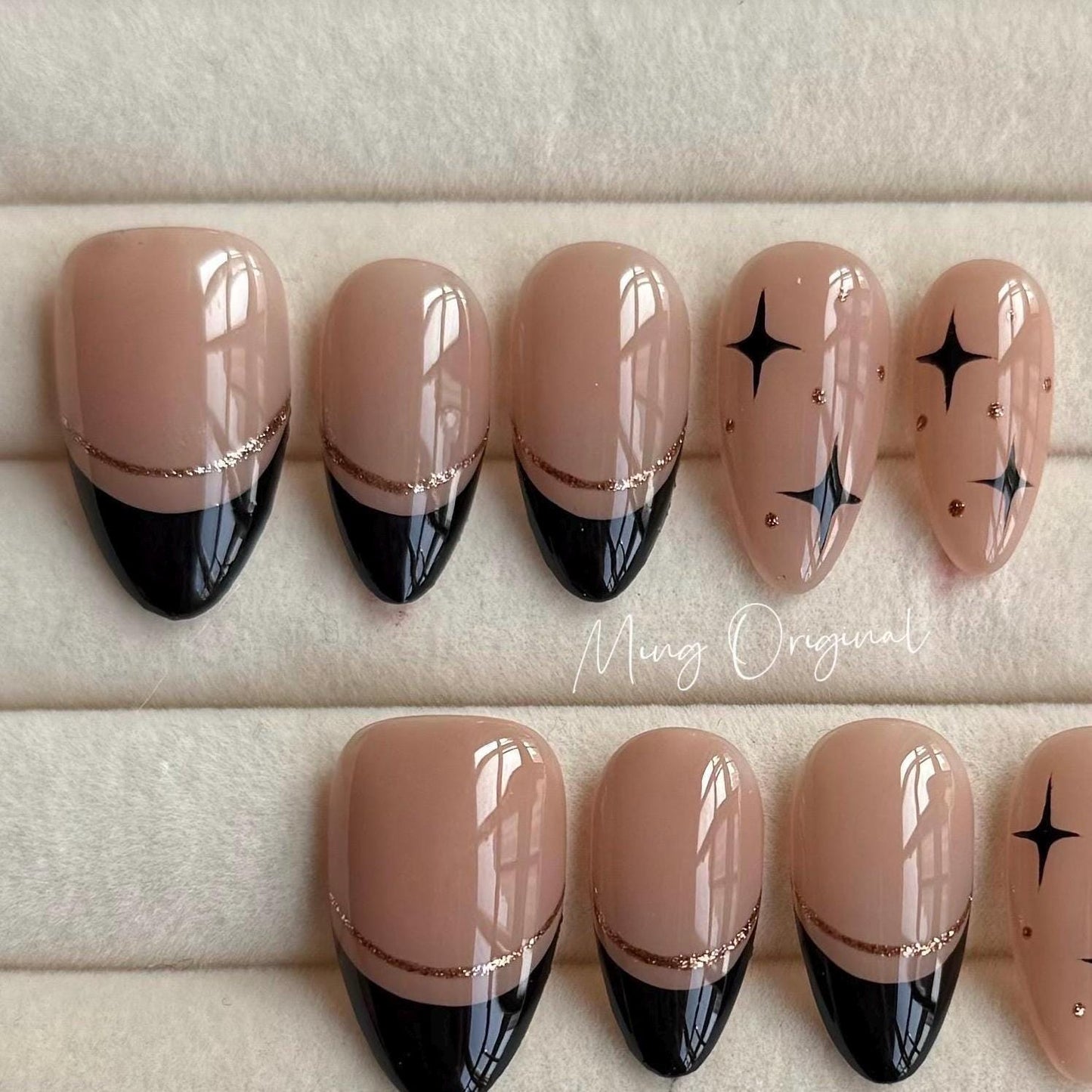 French Tip Collection, black tip and gold abstract line Press on Nails, nude Star everyday nail ,autumn winter nail, gift for her,MO324