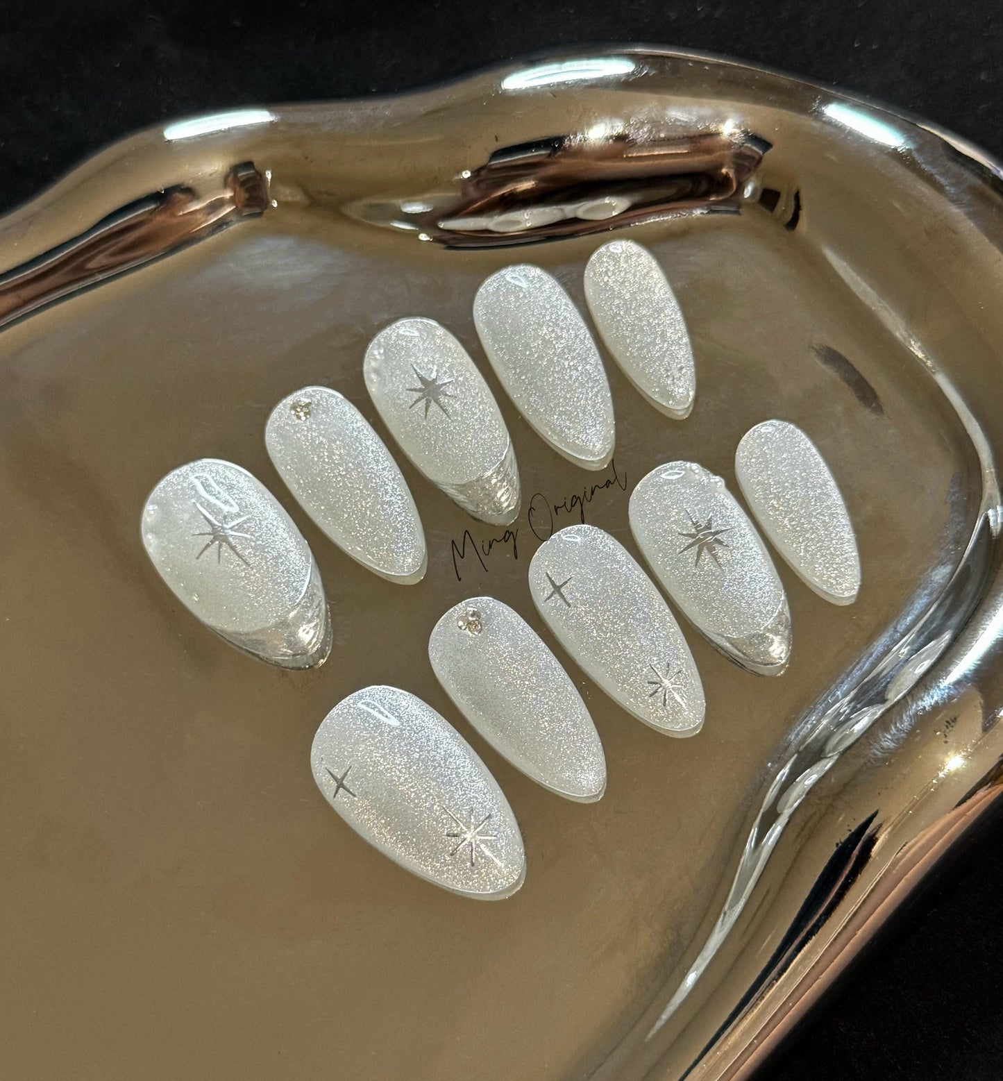 Silver Cat Eye Glittery free style Chrome French Tip Nail press on, Y2K Star Pearl Glittery Jelly Fake nails, Luxury Handmade Nails