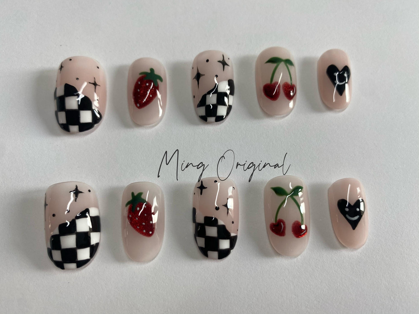 Cute Checkerboard fruit lover Y2K Press on Nails, red cherry and strawberry nail, hand painted Nails, fake nails, gift for her