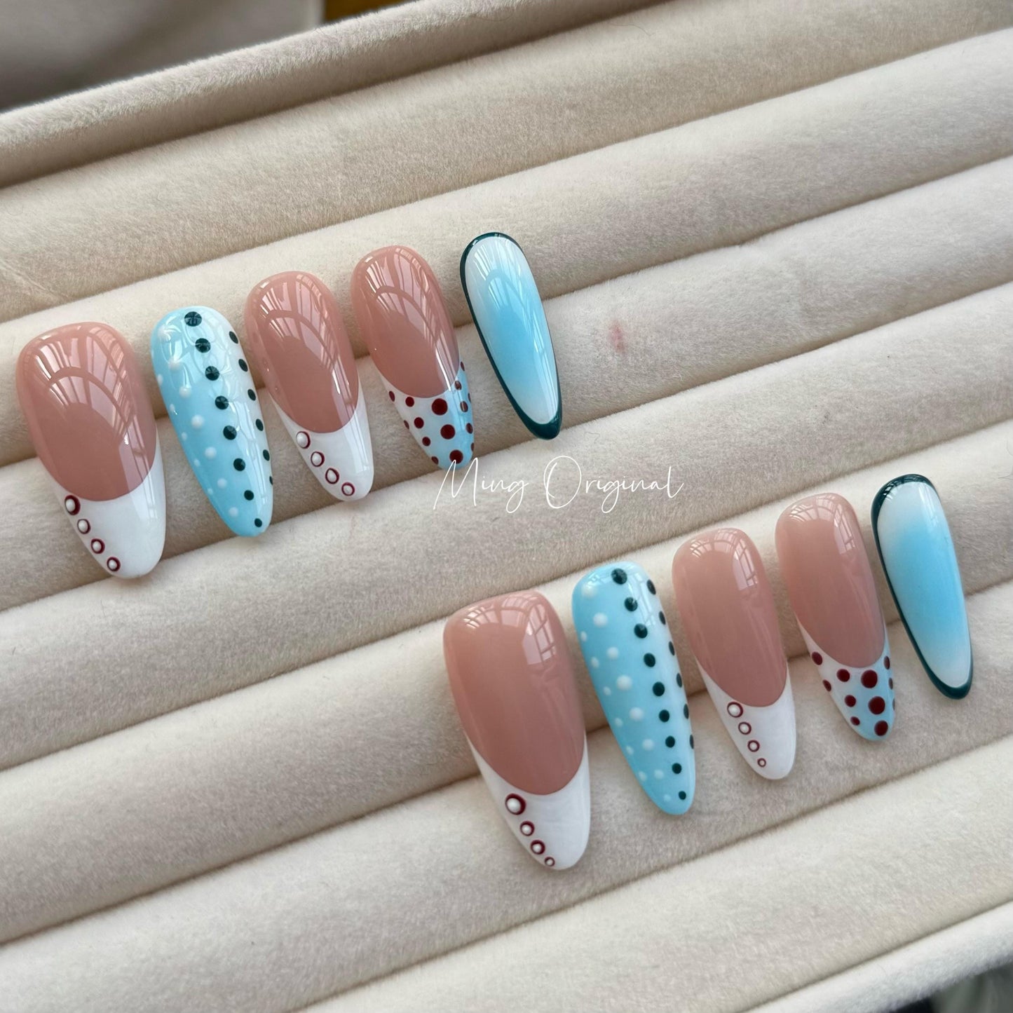 Free style dots ombre blue press on nails, polka dot french tip fake nails, candy color glue on nail, birthday holiday gift for her MO321