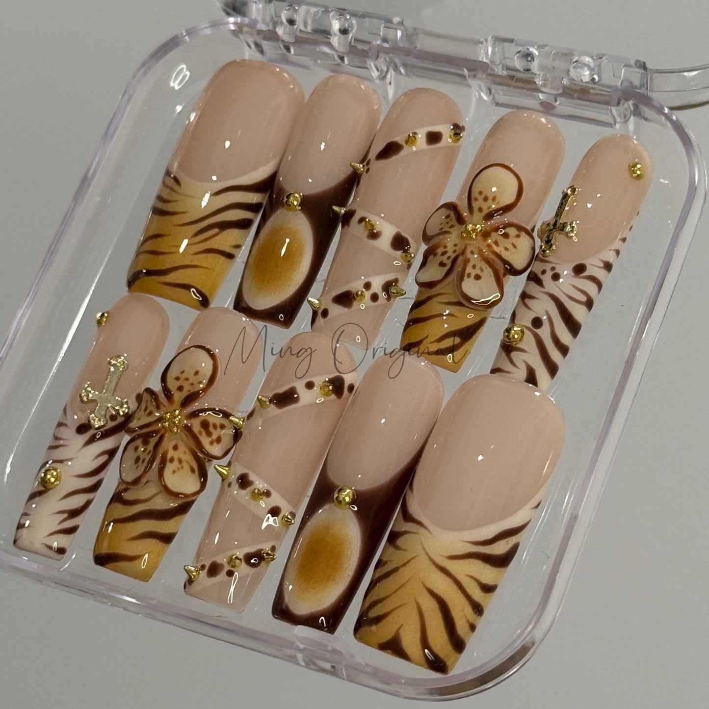 Brown Flower handmade 3d Press on Nails, animal print, belt and gold rivet, Zebra stripe French tip nail,gift for her,MO452