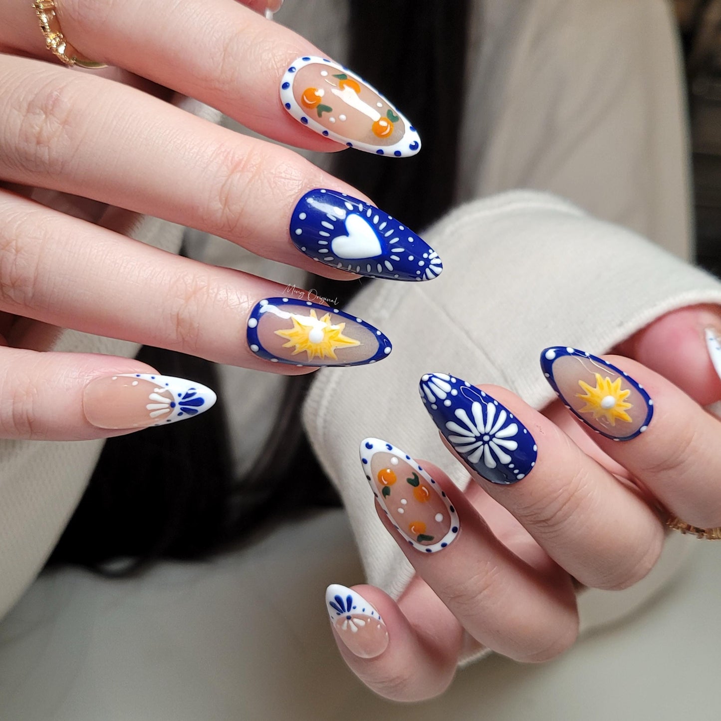 Boho Patch work French Tip Nail , Porcelain Pattern Talavera handpainted press on nails, Heart and orange free style holiday Gifts for Her