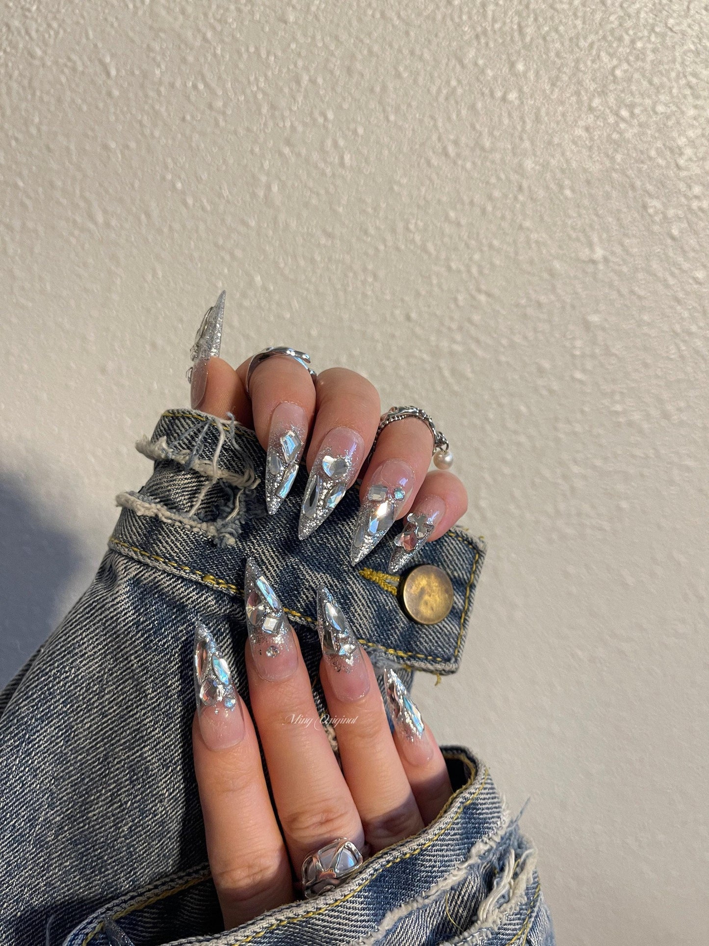 Silver crystal glittery Nail press on, Fake nails, ombre nail, Handmade Gel Nails, jelly Nails