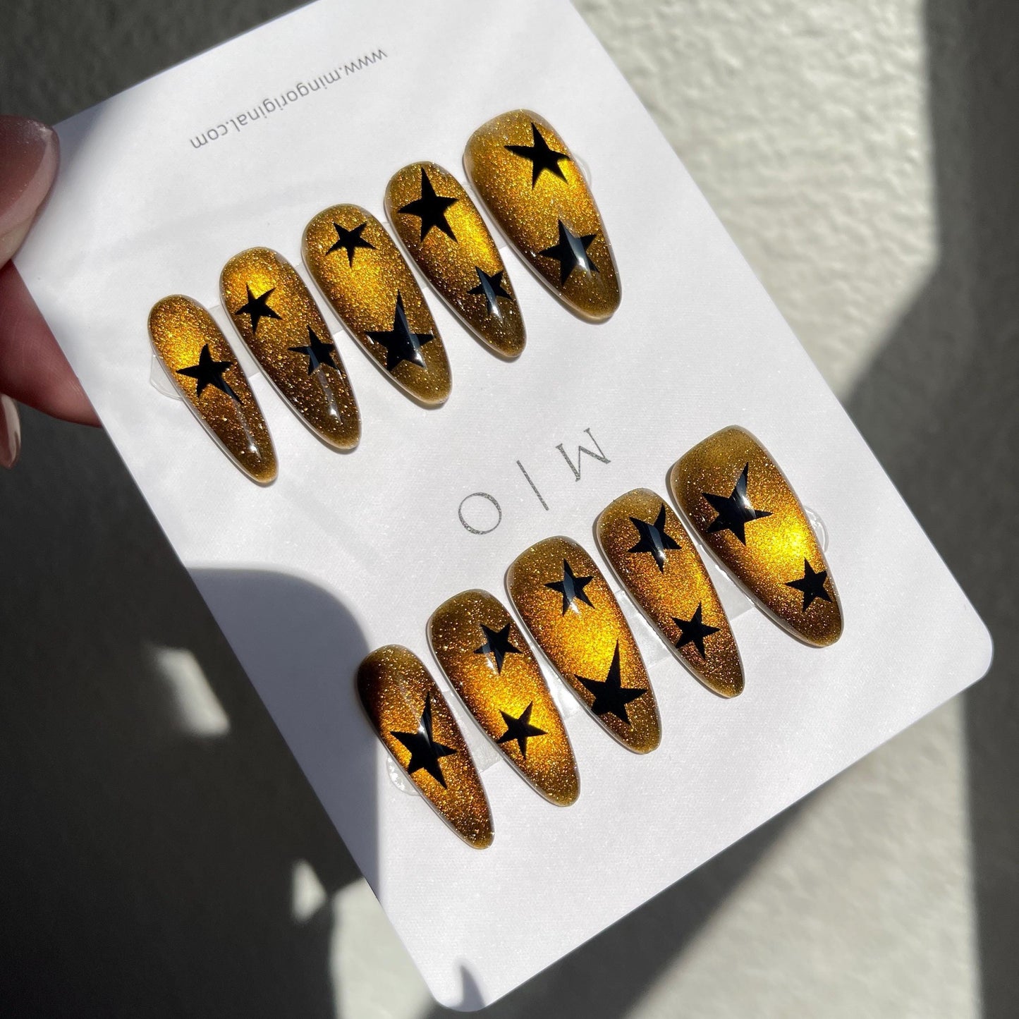 Da Amber Star| glass beads inspired magnetic cat eye press on nails, yellow/golden nails, semitransparent reuse nails, glitter fake nail