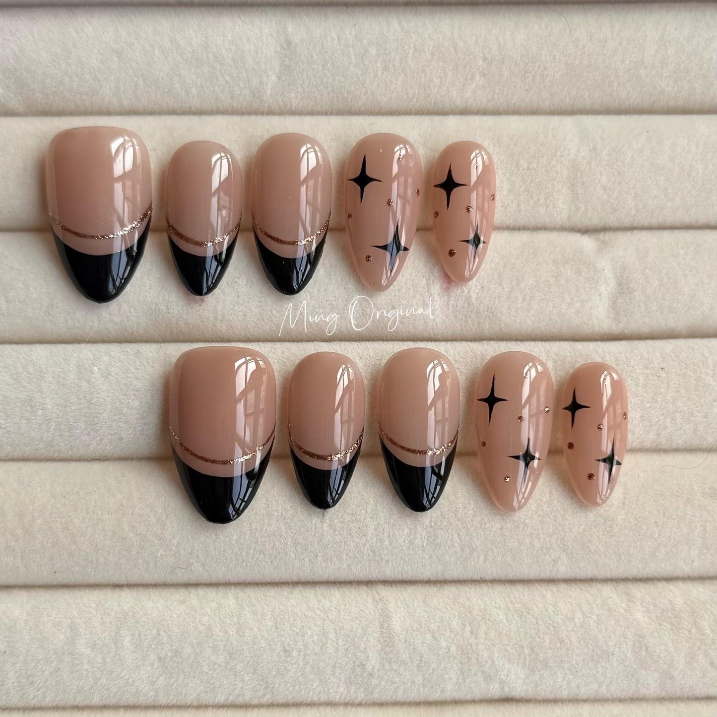 French Tip Collection, black tip and gold abstract line Press on Nails, nude Star everyday nail ,autumn winter nail, gift for her,MO324