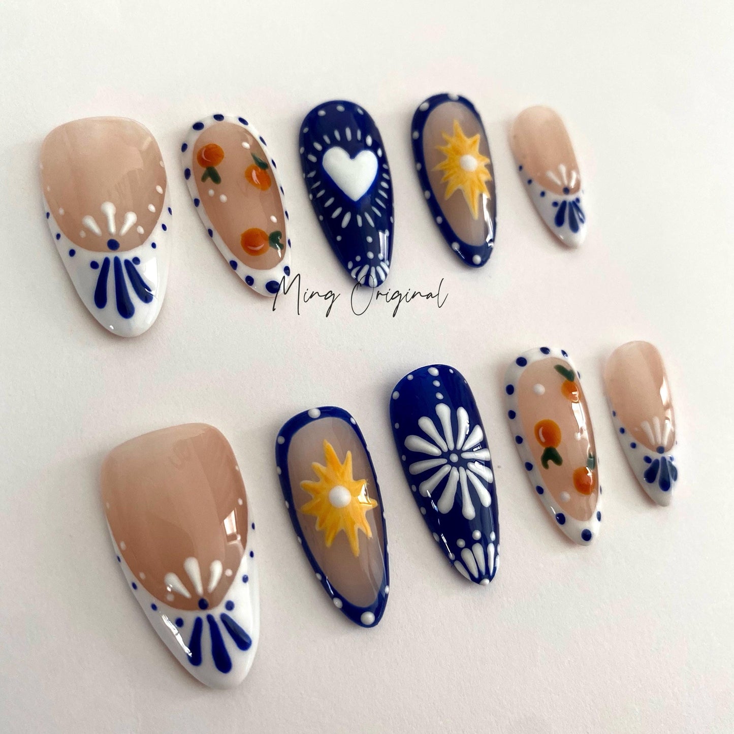 Boho Patch work French Tip Nail , Porcelain Pattern Talavera handpainted press on nails, Heart and orange free style holiday Gifts for Her