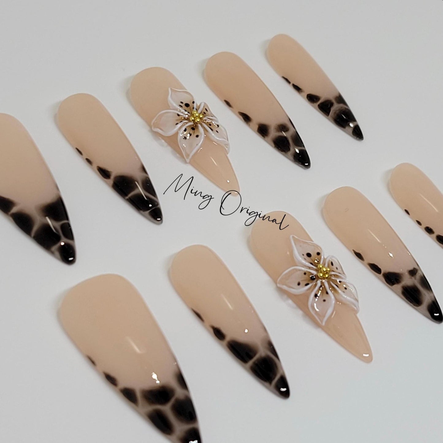 Animal print french tip Press on Nails,  leopard print 3d flower fake nails, glue on nail, holiday birthday gift for her,MO290