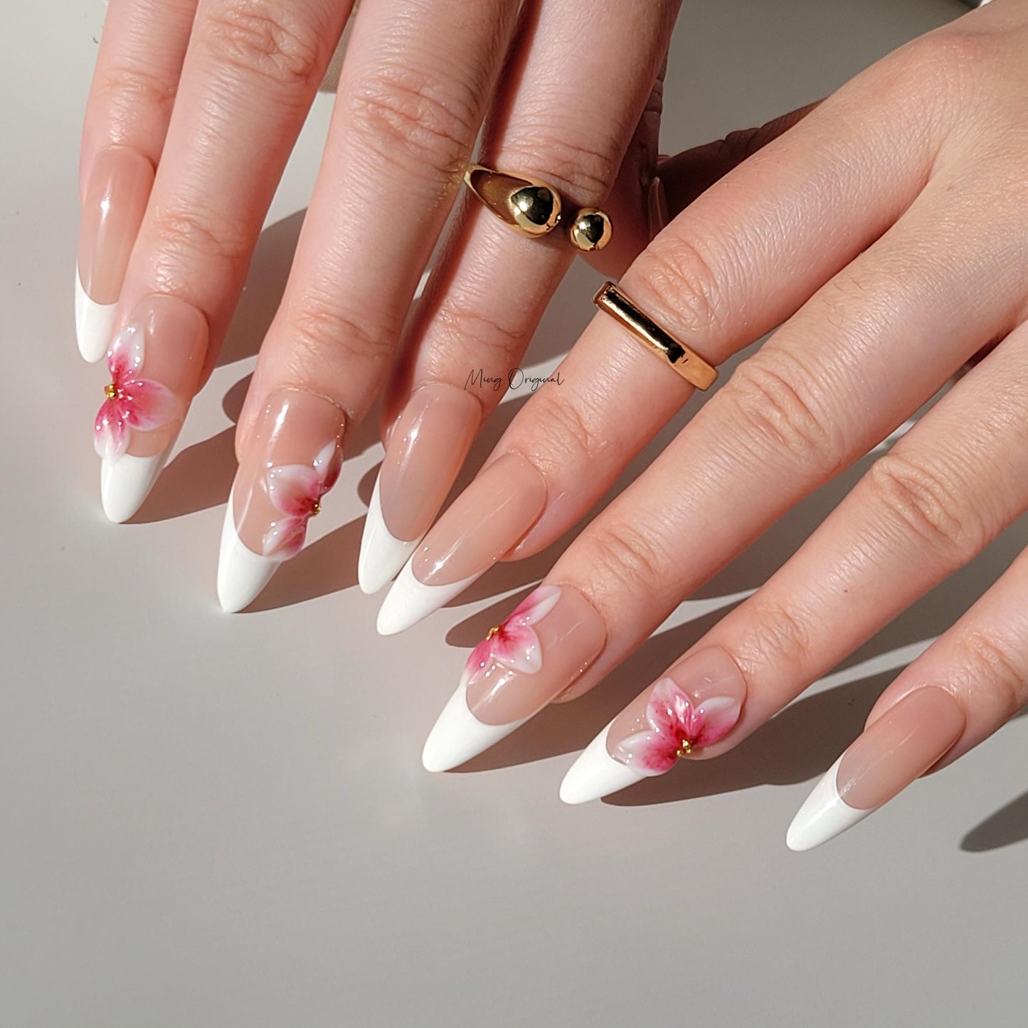 Pink 3d blooming flower press on nails, 3d white jelly flower French tip Nails, nude nails, birthday holiday gift for her MO322