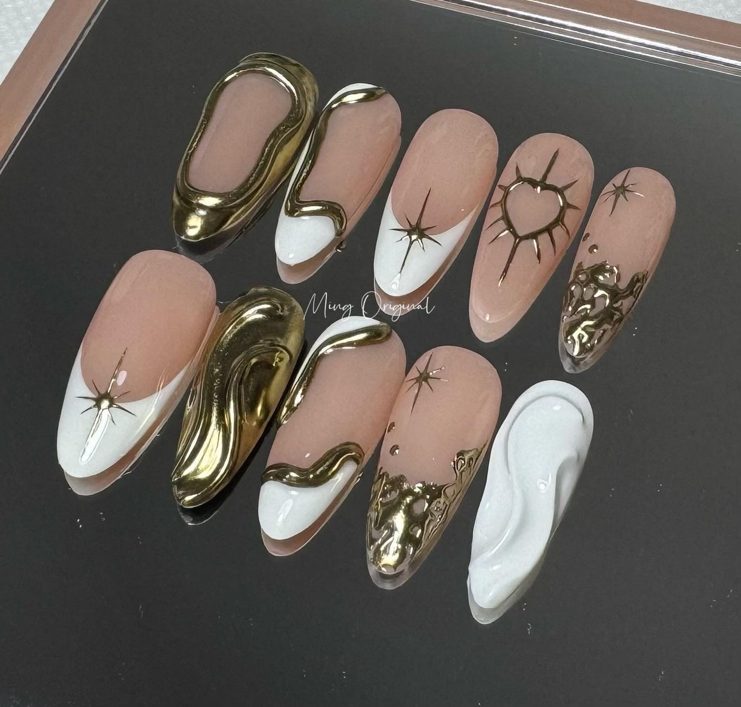 3D white and gold free style press on nails, gold chrome detail nail, heart and Star glue on nail, nude jelly fake nail, gift for her,MO334