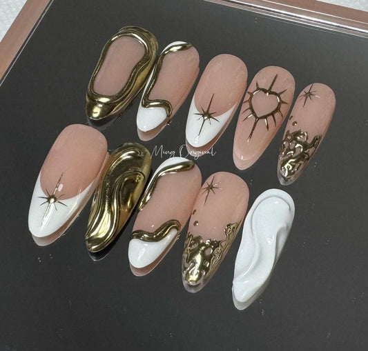 3D white and gold free style press on nails, gold chrome detail nail, heart and Star glue on nail, nude jelly fake nail, gift for her,MO334