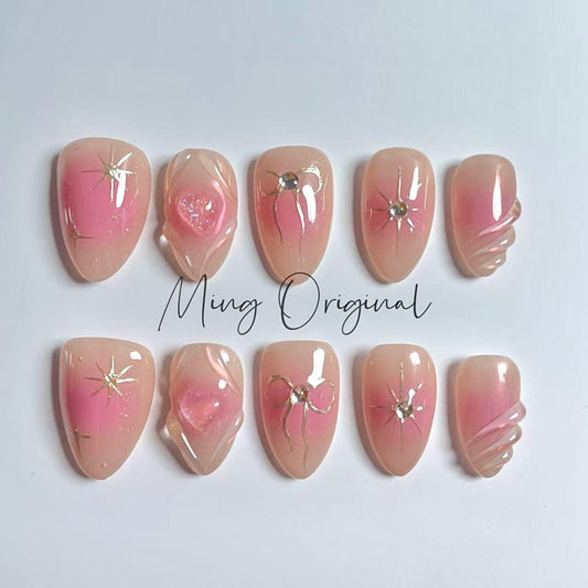 3d blushed pink glittery heart and bow coquette aura chrome Press on Nails, nude ombre free style 3d swirls heart handmade Nails,MO448