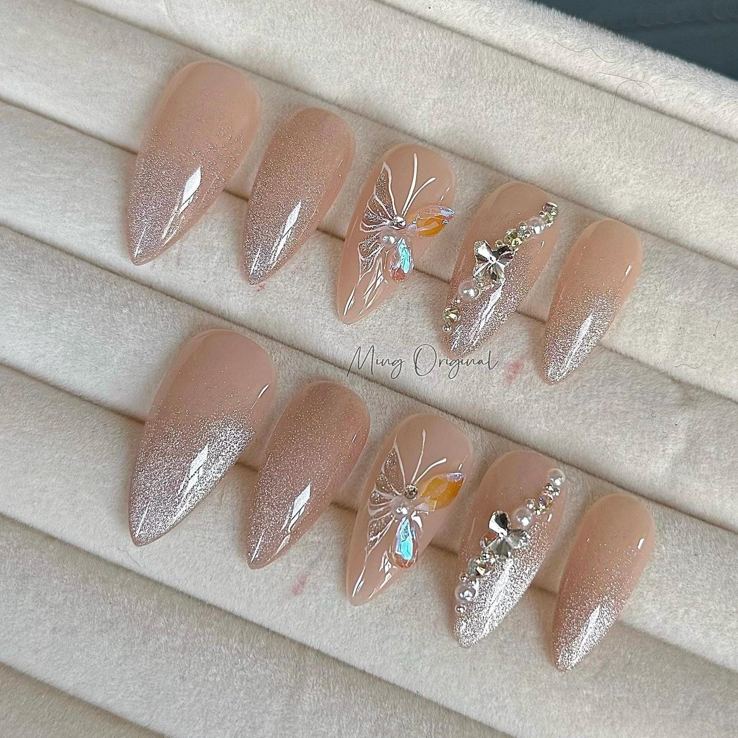 Nude Ombre Cat Eye with Butterfly press on nails, Everyday nail, Glittery faded tip aura crystal nail, bridal art nail,  gift for her, MO395