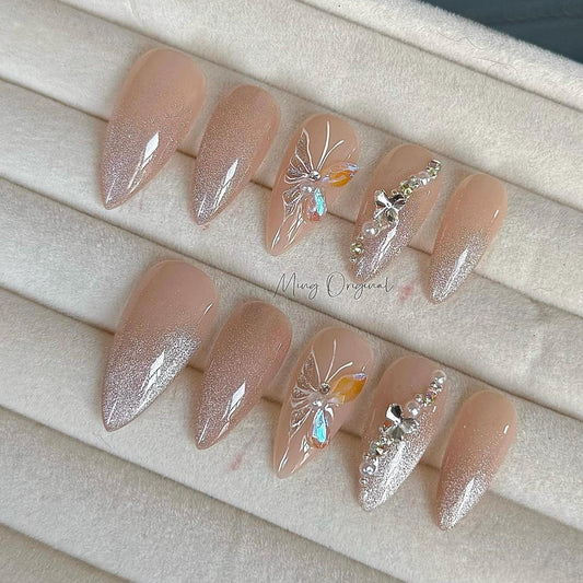 Nude Ombre Cat Eye with Butterfly press on nails, Everyday nail, Glittery faded tip aura crystal nail, bridal art nail,  gift for her, MO395
