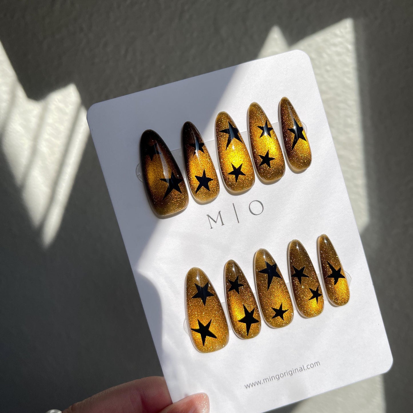 Da Amber Star| glass beads inspired magnetic cat eye press on nails, yellow/golden nails, semitransparent reuse nails, glitter fake nail